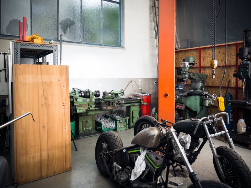 workshop with custom motorcycles